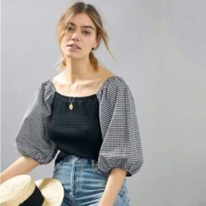Who Wear What When Where Size S Black Top Gingham Puff Sleeve Anthropologie NWT